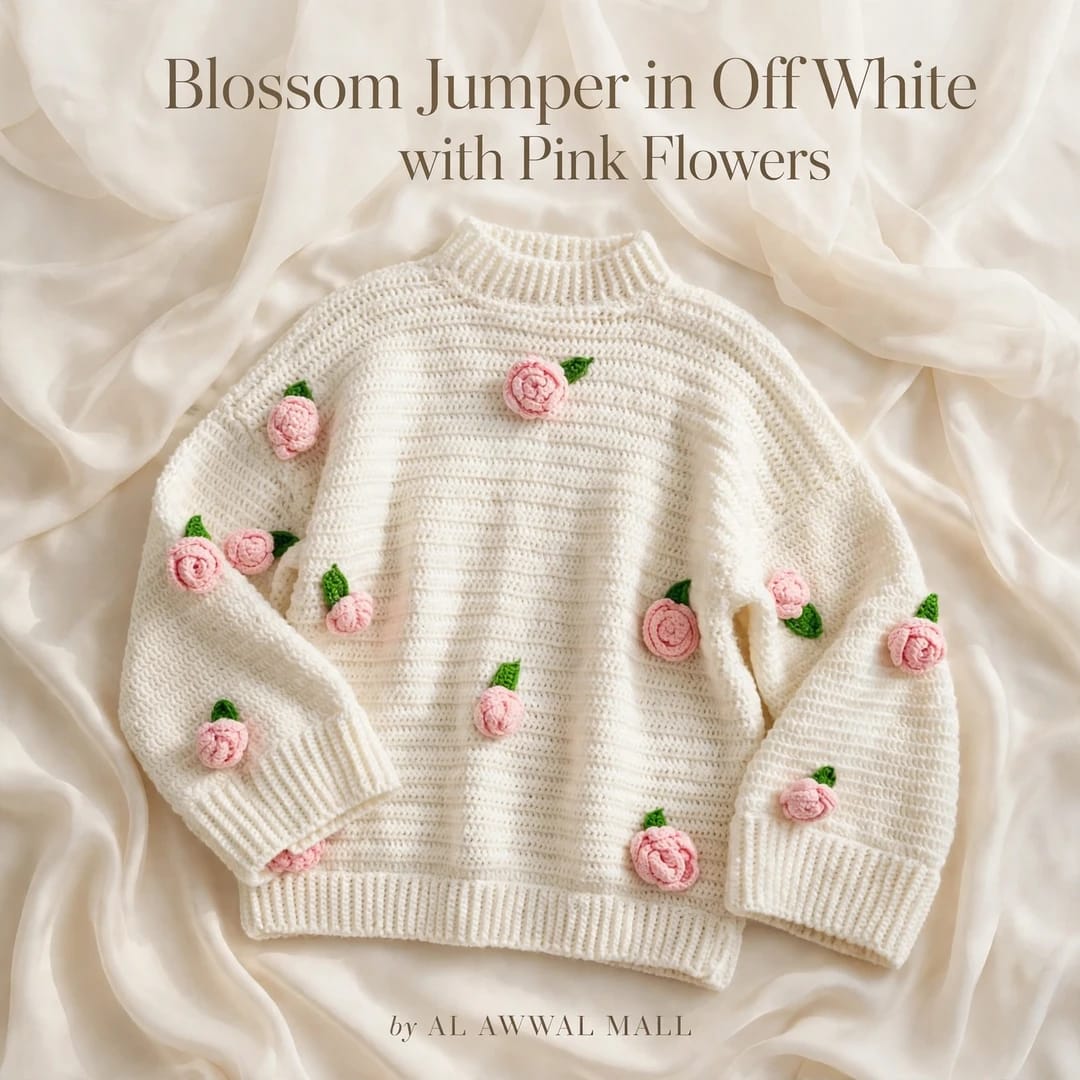 Handmade Crochet Top with Ribbed Texture, Round Neck, Rose Flowers and Green Leaves