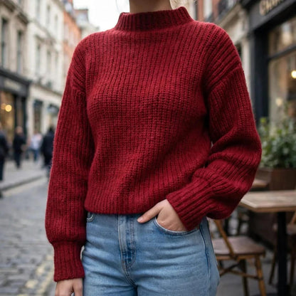 Handmade Crochet Maroon Top with Mock Neck and Long Sleeves