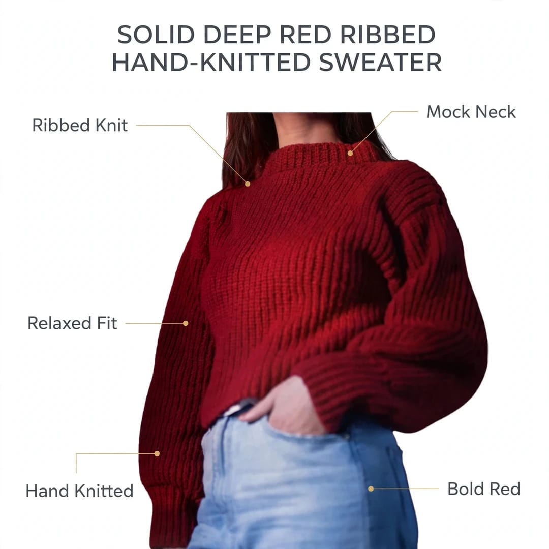 Handmade Crochet Maroon Top with Mock Neck and Long Sleeves