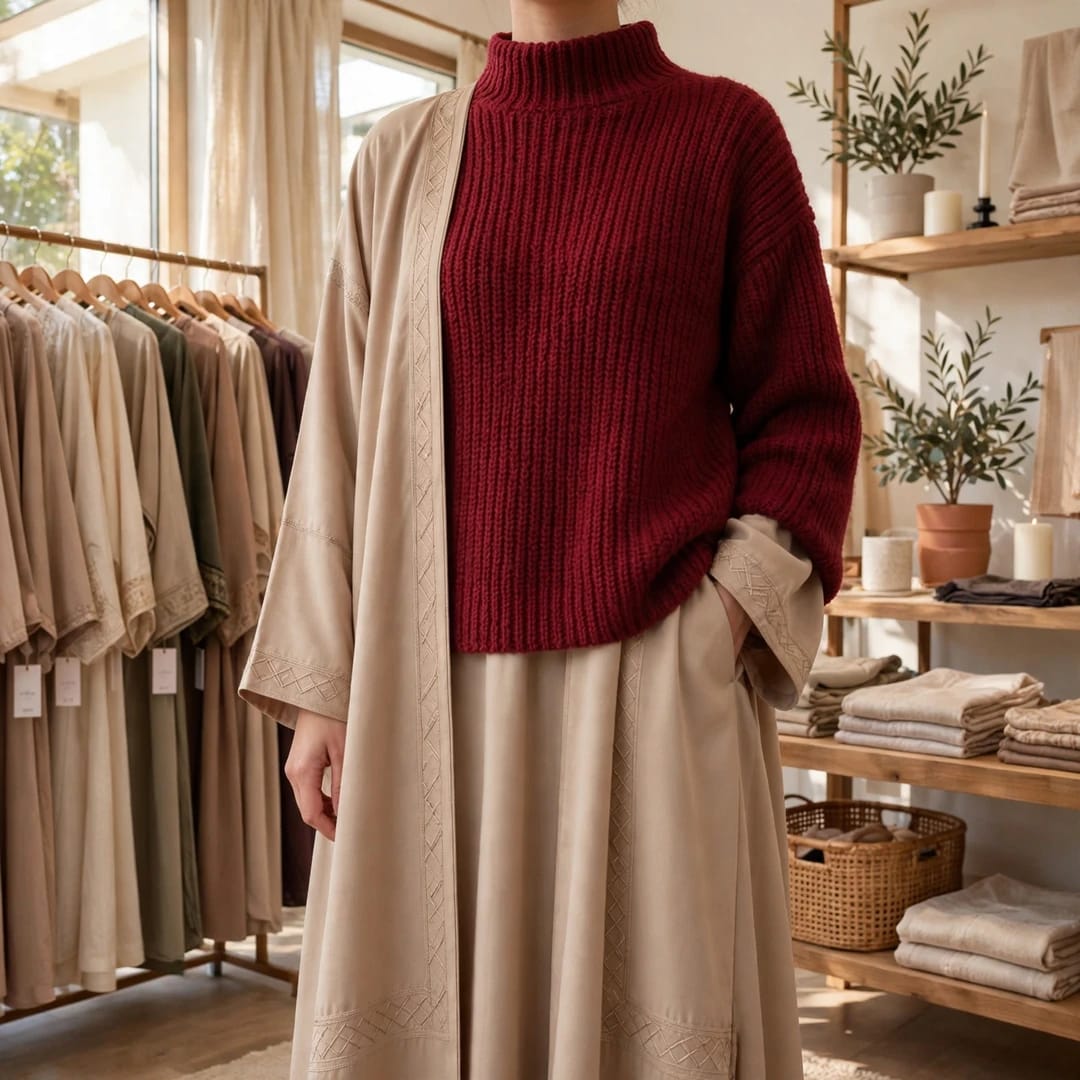 Handmade Crochet Maroon Top with Mock Neck and Long Sleeves