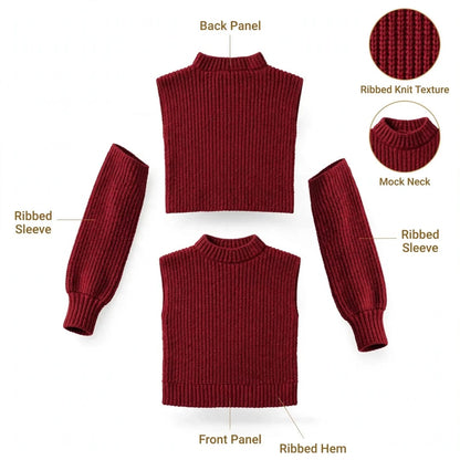Handmade Crochet Maroon Top with Mock Neck and Long Sleeves