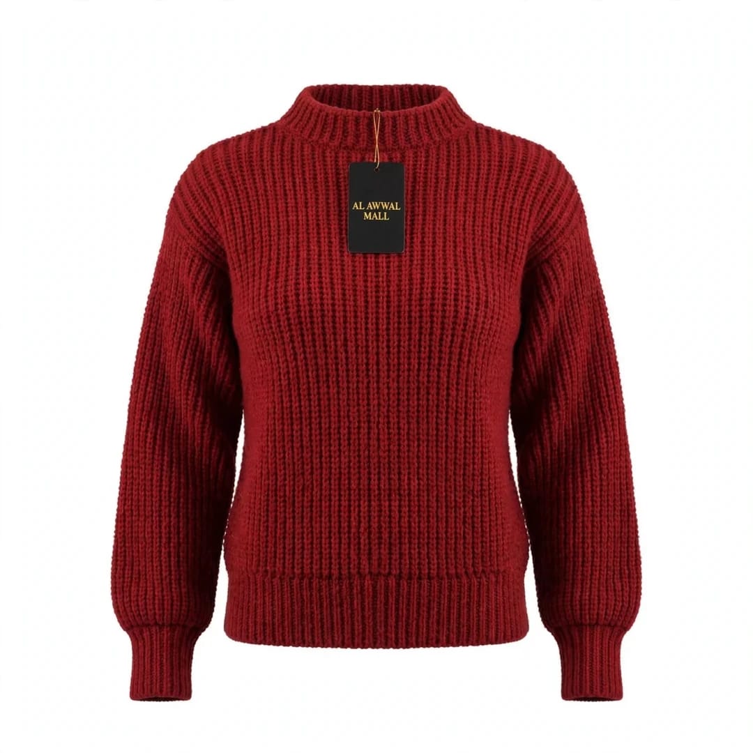 Handmade Crochet Maroon Top with Mock Neck and Long Sleeves