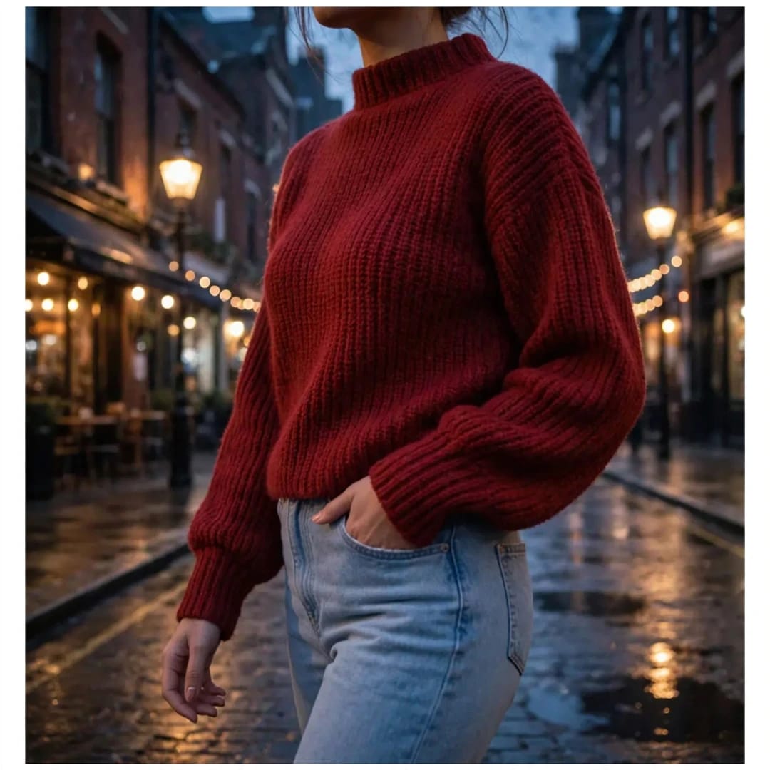 Handmade Crochet Maroon Top with Mock Neck and Long Sleeves