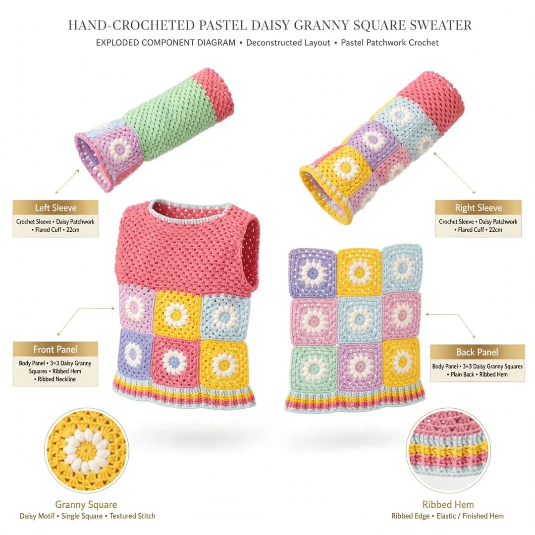 Handmade Crochet Pink Top with Daisy Granny Squares in Pink, Mint and Lavender