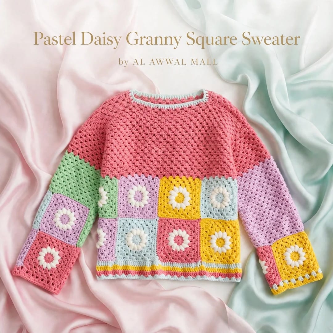Handmade Crochet Pink Top with Daisy Granny Squares in Pink, Mint and Lavender