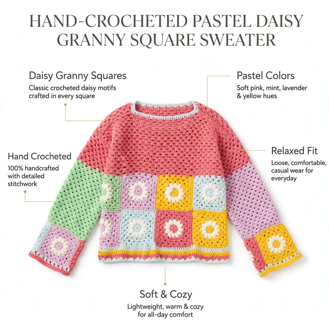 Handmade Crochet Pink Top with Daisy Granny Squares in Pink, Mint and Lavender