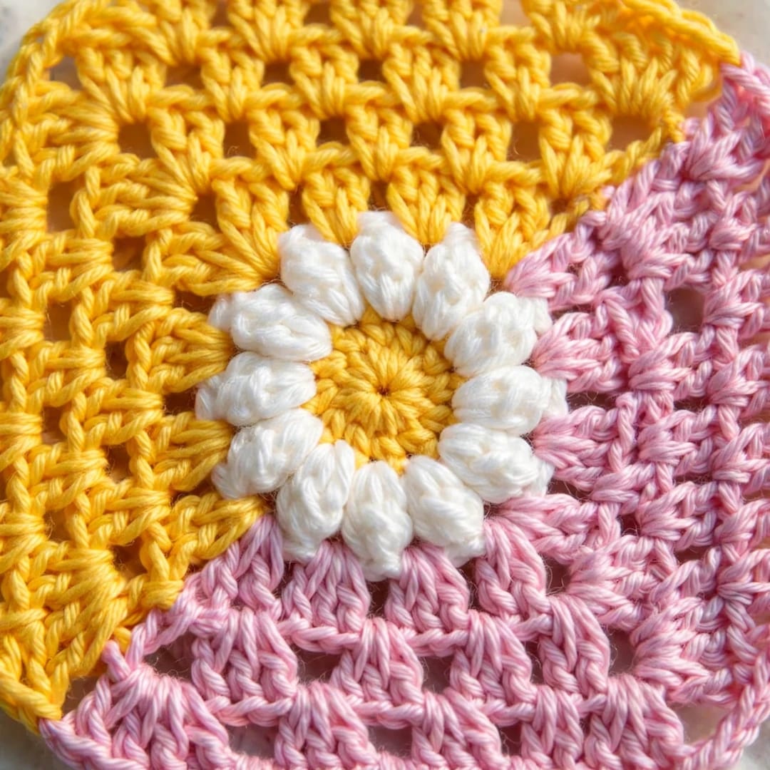 Handmade Crochet Pink Top with Daisy Granny Squares in Pink, Mint and Lavender