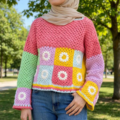 Handmade Crochet Pink Top with Daisy Granny Squares in Pink, Mint and Lavender