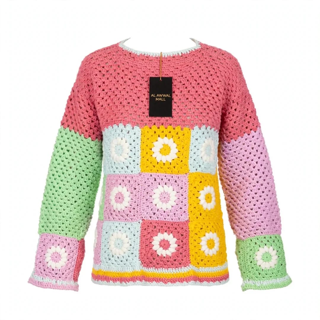 Handmade Crochet Pink Top with Daisy Granny Squares in Pink, Mint and Lavender