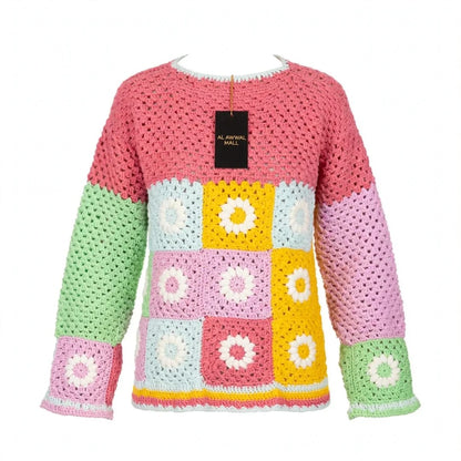 Handmade Crochet Pink Top with Daisy Granny Squares in Pink, Mint and Lavender