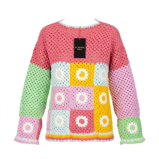 Handmade Crochet Pink Top with Daisy Granny Squares in Pink, Mint and Lavender