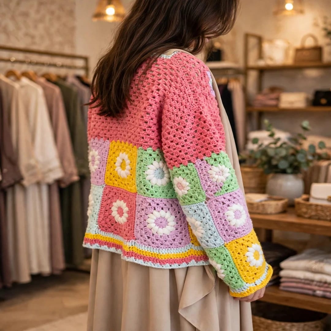 Handmade Crochet Pink Top with Daisy Granny Squares in Pink, Mint and Lavender