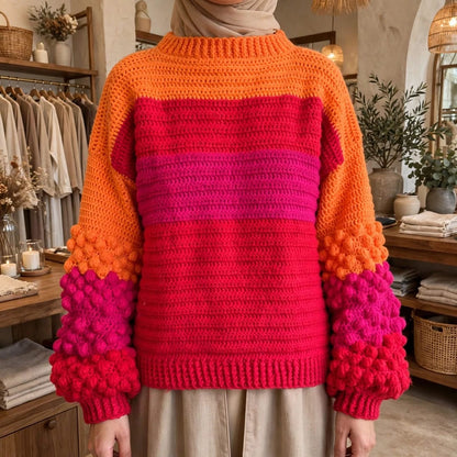 Handmade Crochet Color Block Top with Bubble Sleeves and Mock Neck