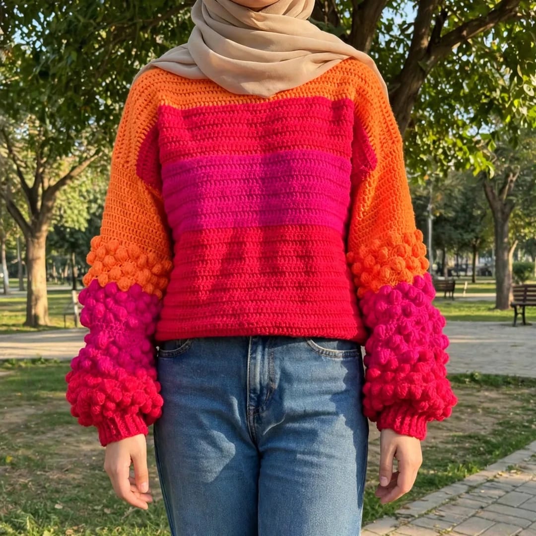 Handmade Crochet Color Block Top with Bubble Sleeves and Mock Neck