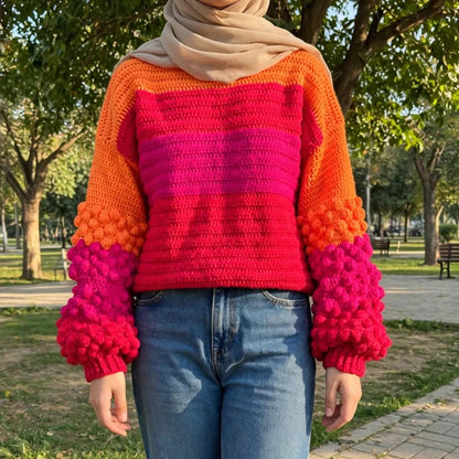 Handmade Crochet Color Block Top with Bubble Sleeves and Mock Neck