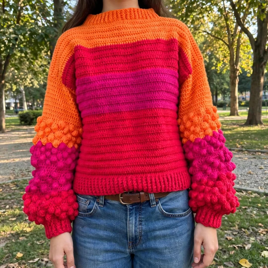 Handmade Crochet Color Block Top with Bubble Sleeves and Mock Neck