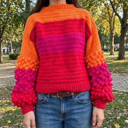 Handmade Crochet Color Block Top with Bubble Sleeves and Mock Neck