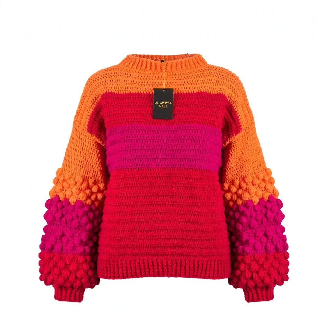 Handmade Crochet Color Block Top with Bubble Sleeves and Mock Neck