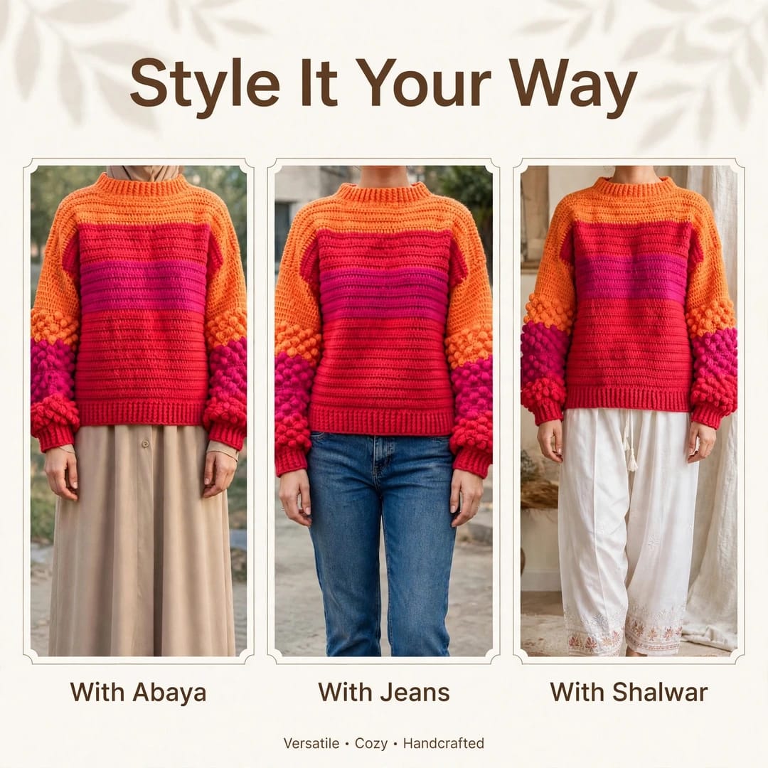 Handmade Crochet Color Block Top with Bubble Sleeves and Mock Neck