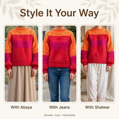 Handmade Crochet Color Block Top with Bubble Sleeves and Mock Neck