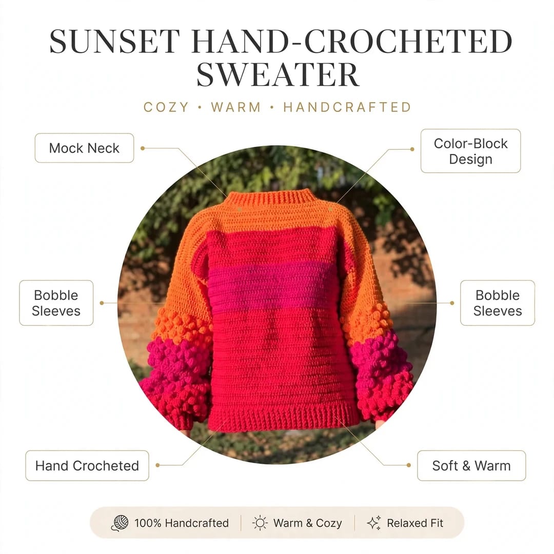 Handmade Crochet Color Block Top with Bubble Sleeves and Mock Neck