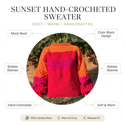 Handmade Crochet Color Block Top with Bubble Sleeves and Mock Neck