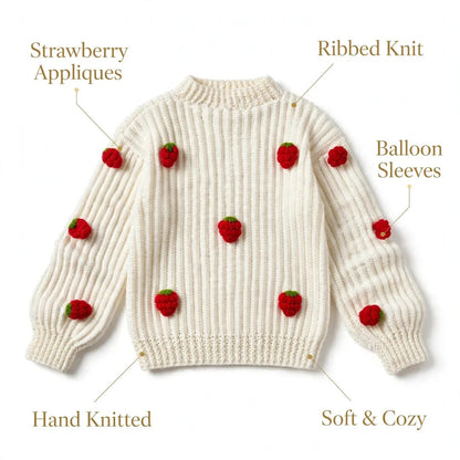 Handmade Crochet White Top with 3D Strawberry Appliques and Ribbed Cuffs