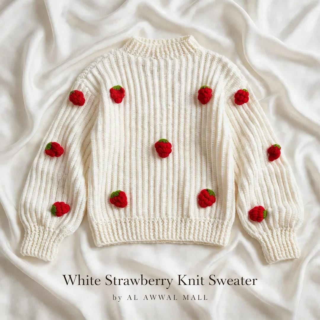 Handmade Crochet White Top with 3D Strawberry Appliques and Ribbed Cuffs