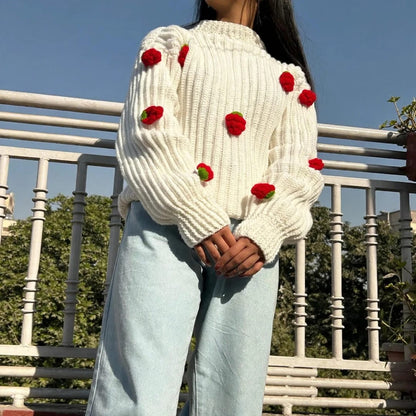 Handmade Crochet White Top with 3D Strawberry Appliques and Ribbed Cuffs