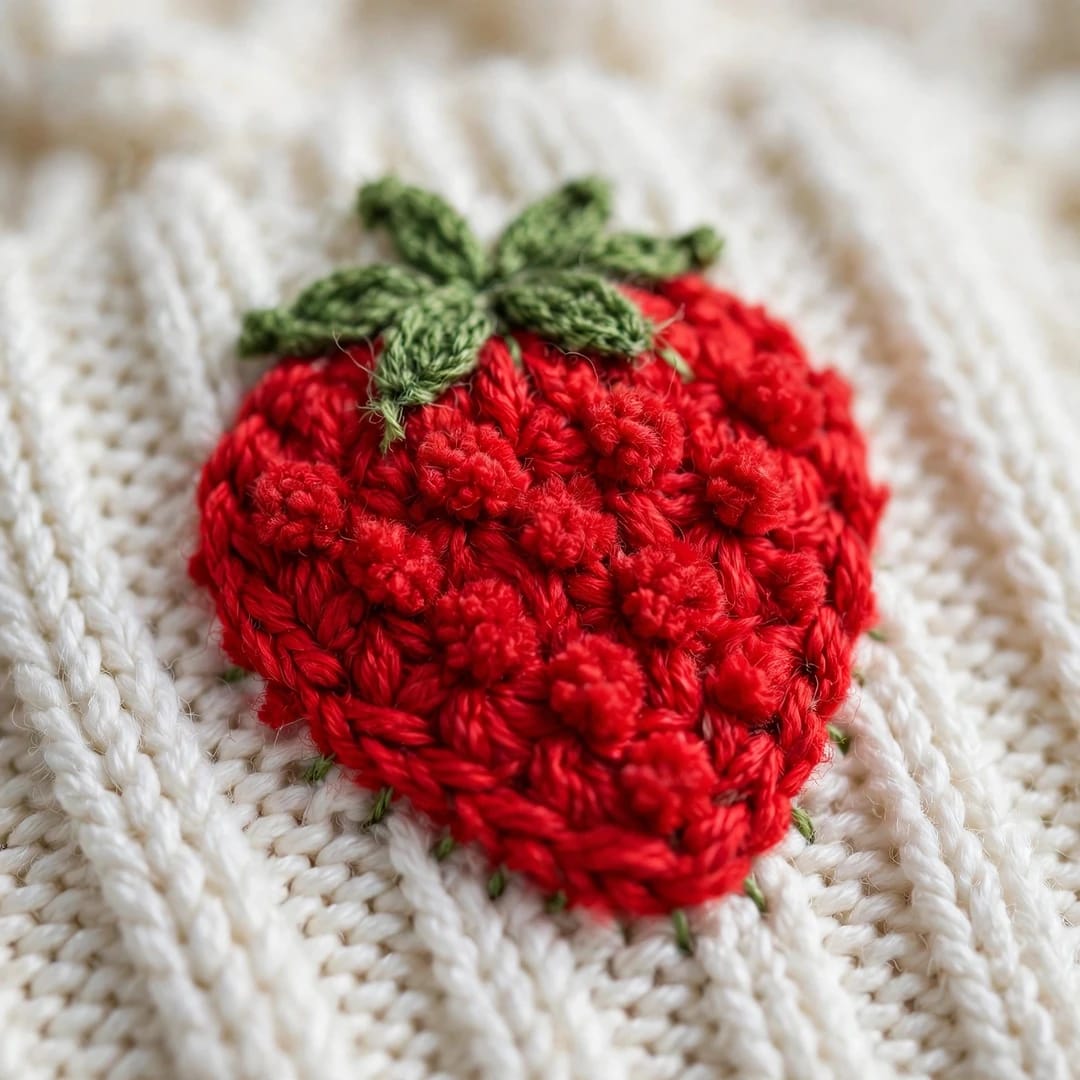 Handmade Crochet White Top with 3D Strawberry Appliques and Ribbed Cuffs