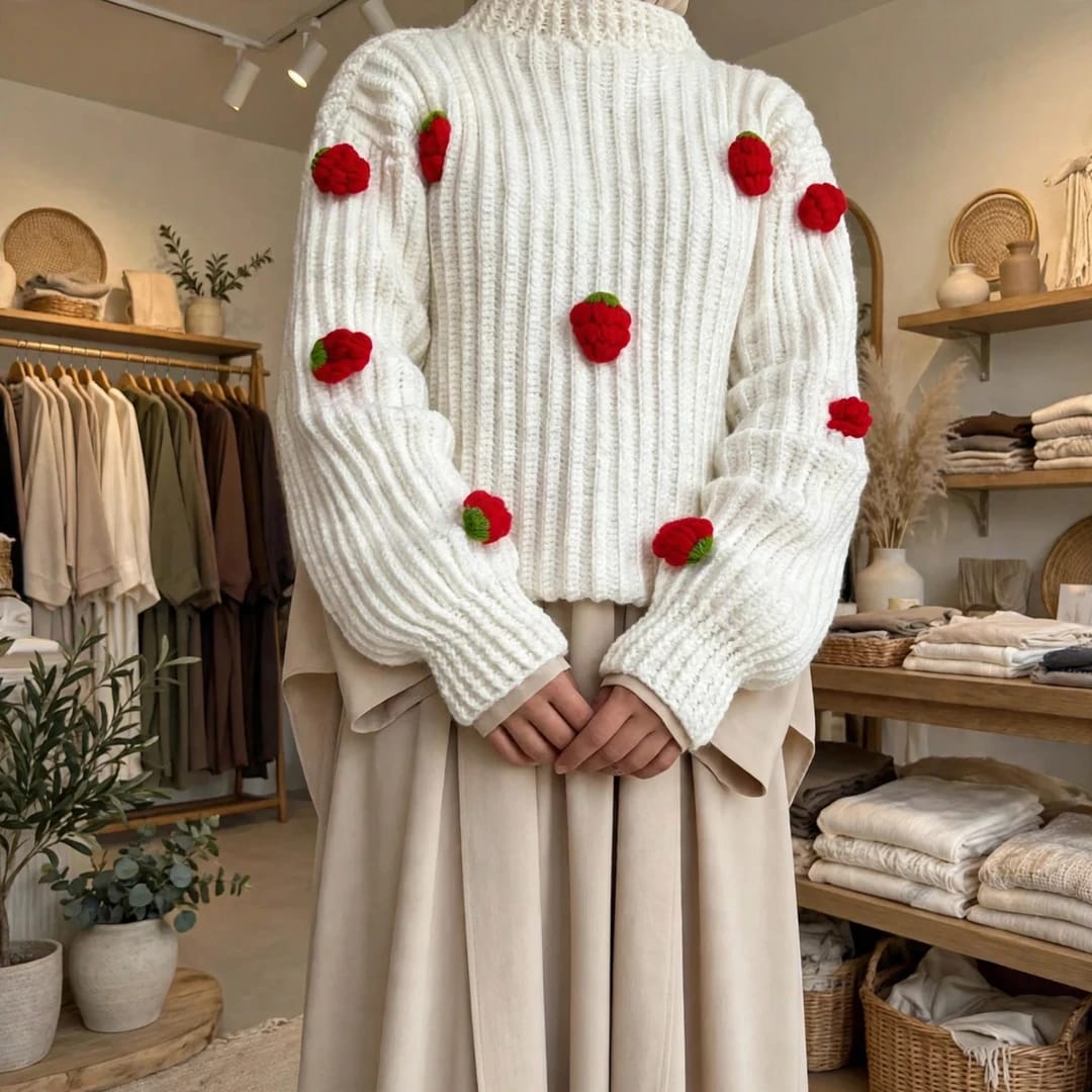 Handmade Crochet White Top with 3D Strawberry Appliques and Ribbed Cuffs