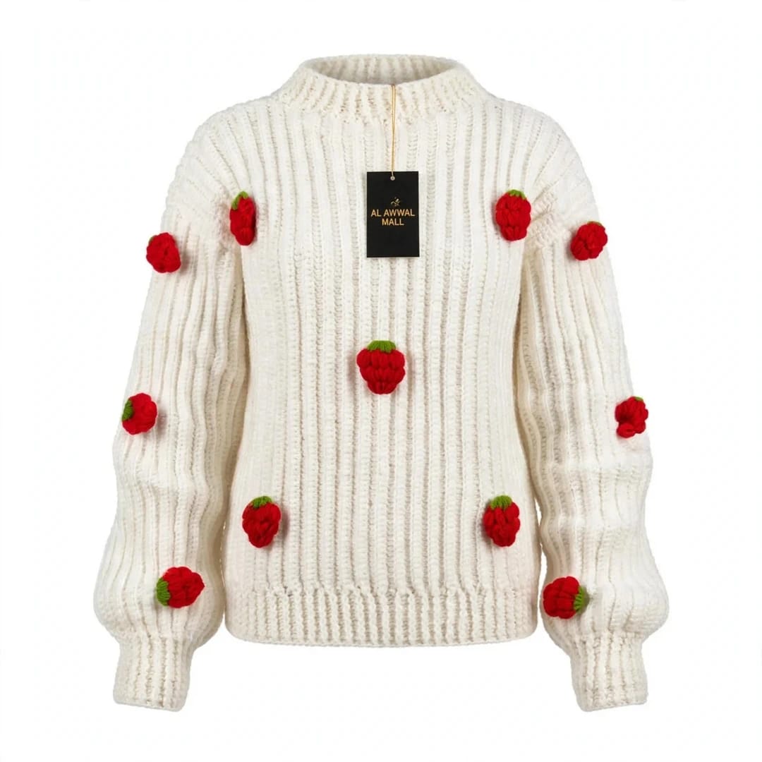 Handmade Crochet White Top with 3D Strawberry Appliques and Ribbed Cuffs