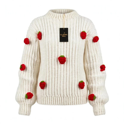 Handmade Crochet White Top with 3D Strawberry Appliques and Ribbed Cuffs