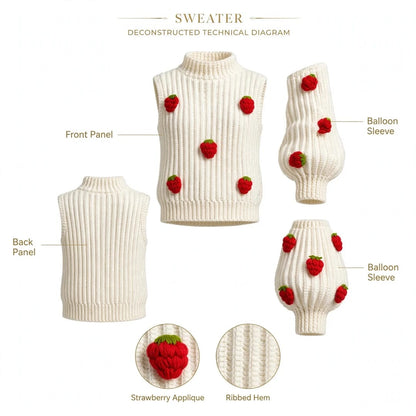 Handmade Crochet White Top with 3D Strawberry Appliques and Ribbed Cuffs