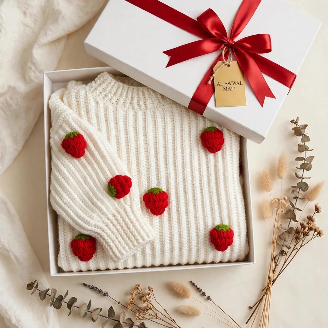 Handmade Crochet White Top with 3D Strawberry Appliques and Ribbed Cuffs