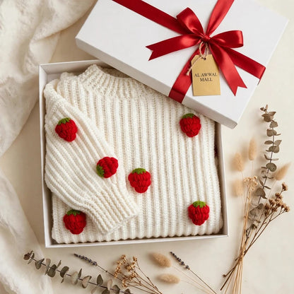 Handmade Crochet White Top with 3D Strawberry Appliques and Ribbed Cuffs