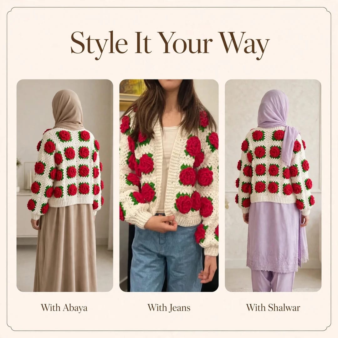 Handmade Crochet White Open Front Top with Red Rose Appliques and Ribbed Cuffs