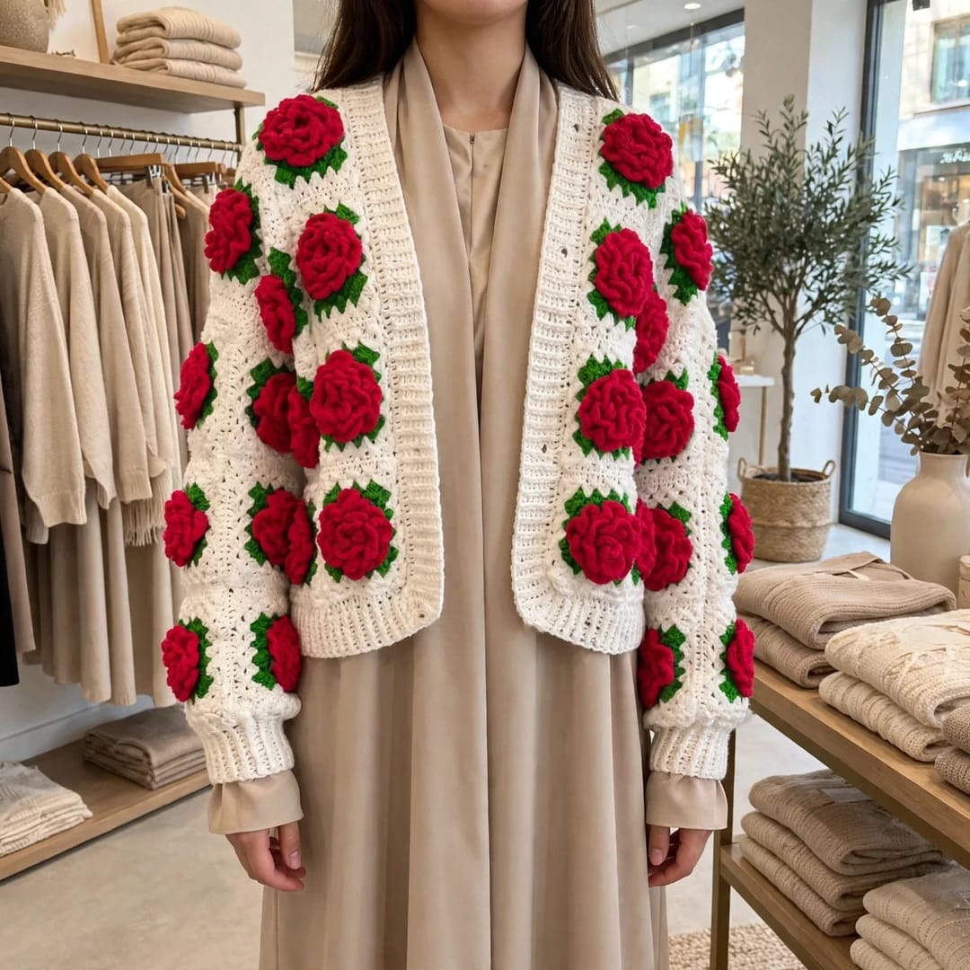 Handmade Crochet White Open Front Top with Red Rose Appliques and Ribbed Cuffs