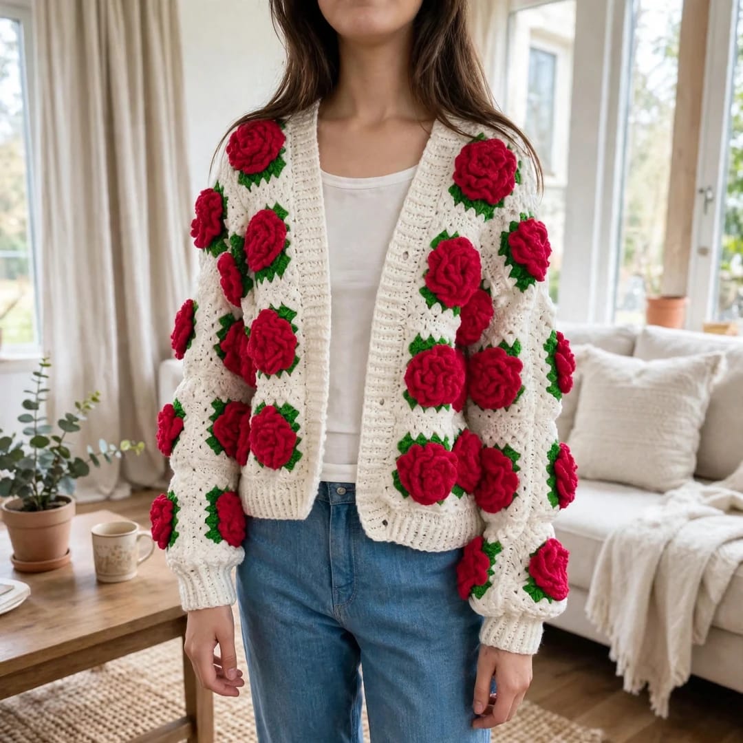 Handmade Crochet White Open Front Top with Red Rose Appliques and Ribbed Cuffs
