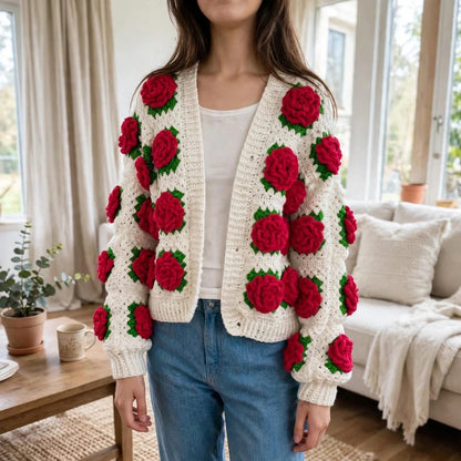 Handmade Crochet White Open Front Top with Red Rose Appliques and Ribbed Cuffs