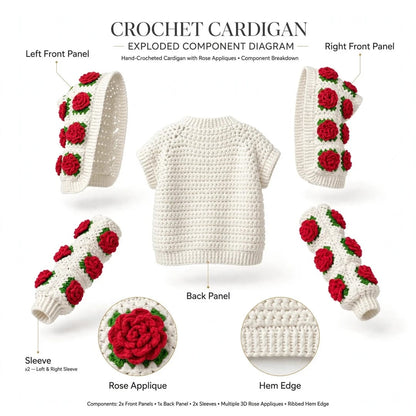 Handmade Crochet White Open Front Top with Red Rose Appliques and Ribbed Cuffs
