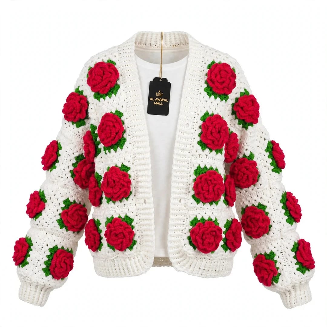 Handmade Crochet White Open Front Top with Red Rose Appliques and Ribbed Cuffs