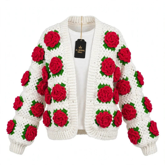 Handmade Crochet White Open Front Top with Red Rose Appliques and Ribbed Cuffs