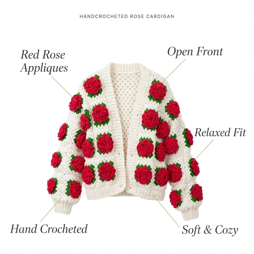 Handmade Crochet White Open Front Top with Red Rose Appliques and Ribbed Cuffs