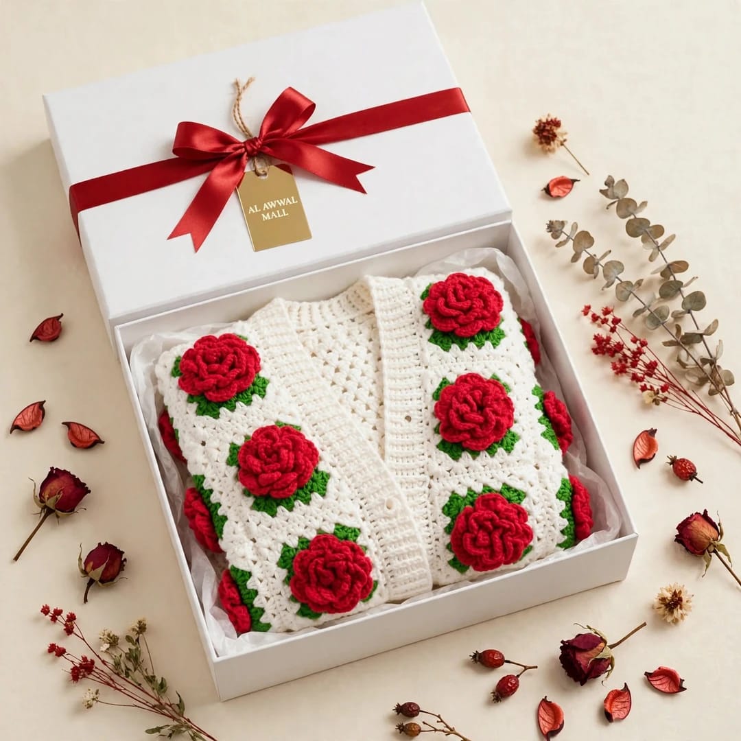 Handmade Crochet White Open Front Top with Red Rose Appliques and Ribbed Cuffs