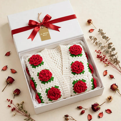 Handmade Crochet White Open Front Top with Red Rose Appliques and Ribbed Cuffs