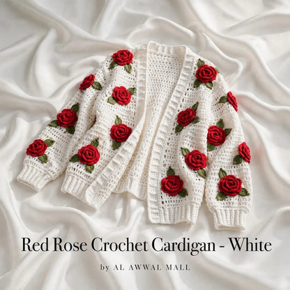 Handmade Crochet White Open Front Top with Red Rose Appliques and Ribbed Cuffs