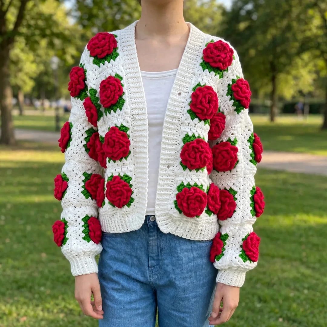 Handmade Crochet White Open Front Top with Red Rose Appliques and Ribbed Cuffs
