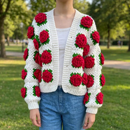 Handmade Crochet White Open Front Top with Red Rose Appliques and Ribbed Cuffs