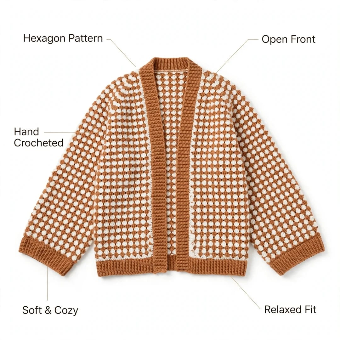 Handmade Crochet Brown Open Front Cardigan with Hexagon Pattern and Hem Edge